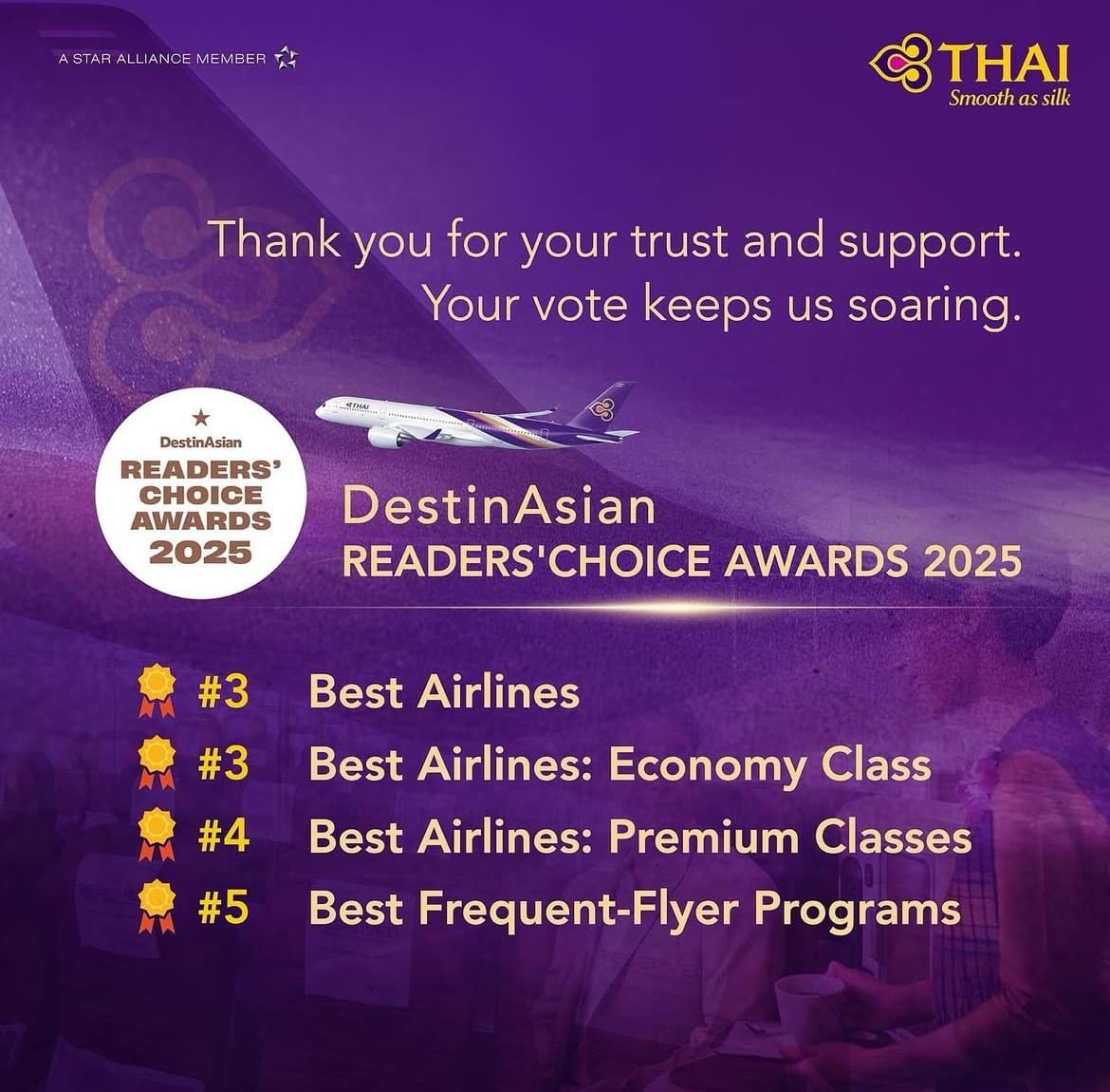 THAI Airways Ranks Among Top Airlines in 2025 DestinAsian Awards