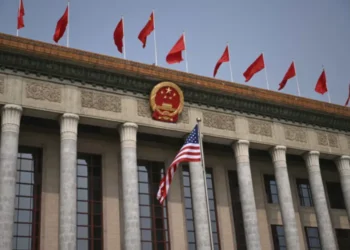 Flags of China and the United States displayed during a period of rising trade and technology tensions