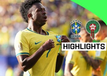 Vinicius Jr celebrates after scoring Brazil’s equalizer against Morocco.