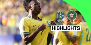 Vinicius Jr celebrates after scoring Brazil’s equalizer against Morocco.