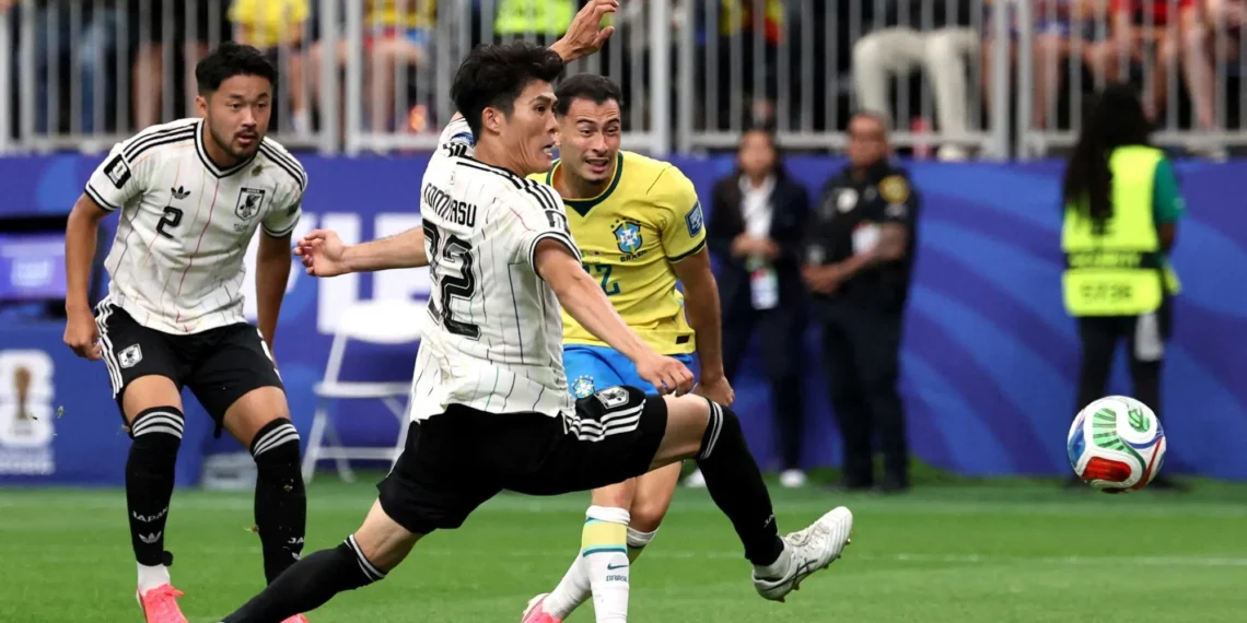 Gabriel Martinelli celebrates after scoring the winning goal for Brazil against Japan at the FIFA World Cup.