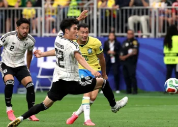 Gabriel Martinelli celebrates after scoring the winning goal for Brazil against Japan at the FIFA World Cup.