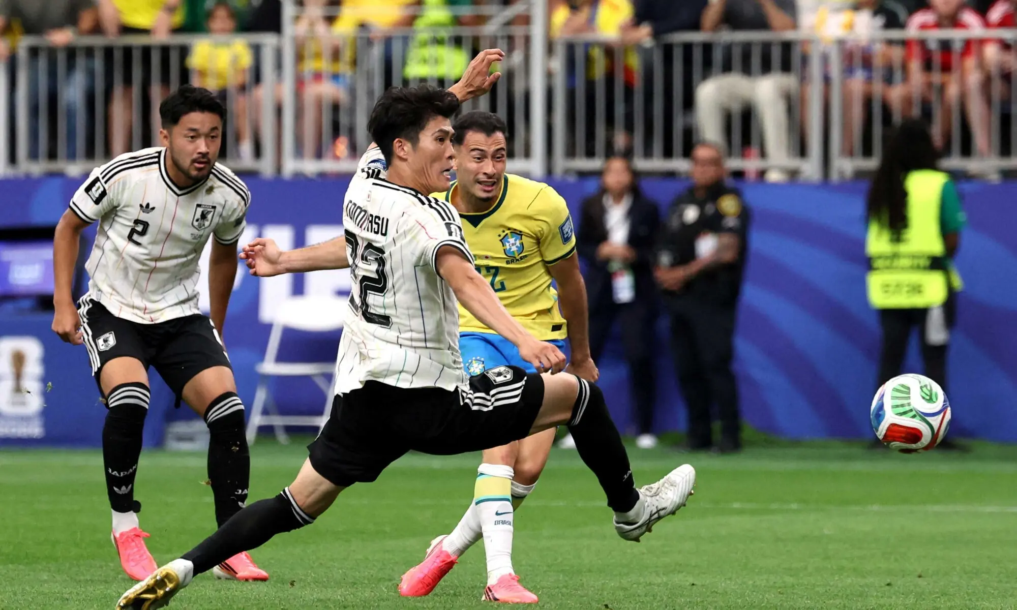 Gabriel Martinelli celebrates after scoring the winning goal for Brazil against Japan at the FIFA World Cup.