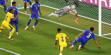 Curacao goalkeeper Eloy Room in action during a World Cup Group E match against Ecuador.