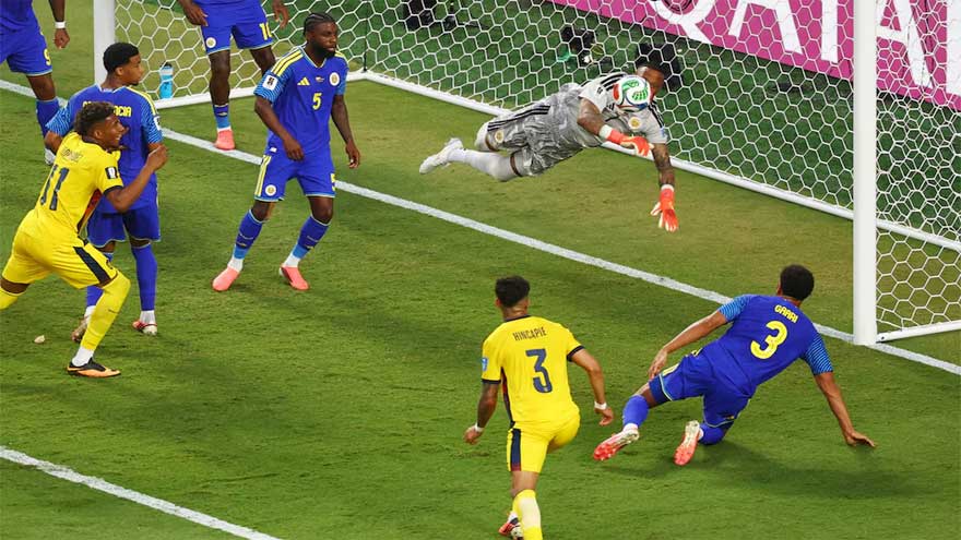 Curacao goalkeeper Eloy Room in action during a World Cup Group E match against Ecuador.