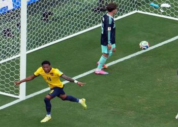 Gonzalo Plata celebrates Ecuador's 2-1 victory over Germany in the FIFA World Cup