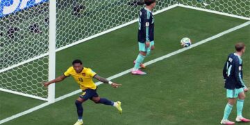 Gonzalo Plata celebrates Ecuador's 2-1 victory over Germany in the FIFA World Cup