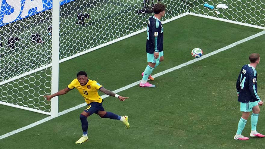 Gonzalo Plata celebrates Ecuador's 2-1 victory over Germany in the FIFA World Cup