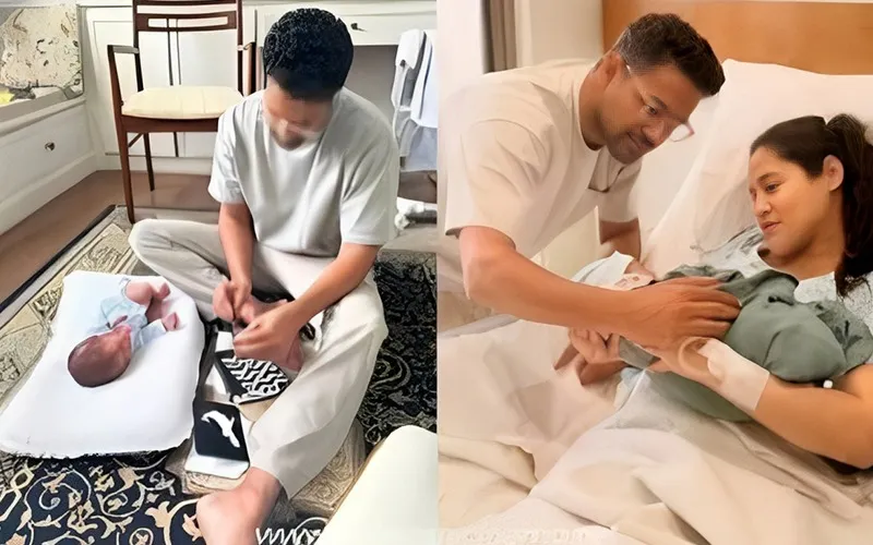 Ali Gul Pir holding newborn baby in hospital celebrating birth of son and becoming a father