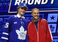Justin Bieber at the 2026 NHL Draft alongside the Toronto Maple Leafs after Gavin McKenna was selected first overall