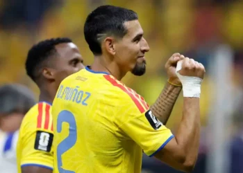 Daniel Muñoz celebrating Colombia's winning goal against DR Congo in the FIFA World Cup 2026