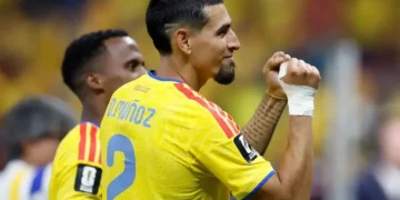 Daniel Muñoz celebrating Colombia's winning goal against DR Congo in the FIFA World Cup 2026