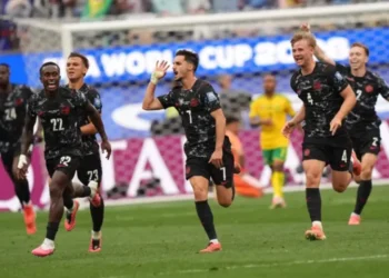 Canada's Stephen Eustaquio celebrates after scoring in the World Cup victory over South Africa