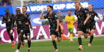 Canada's Stephen Eustaquio celebrates after scoring in the World Cup victory over South Africa