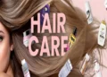 Healthy hair protected from sun exposure with summer hair care products and a wide-brim hat