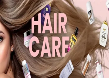 Healthy hair protected from sun exposure with summer hair care products and a wide-brim hat