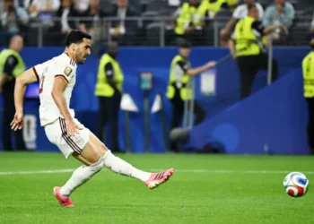 Spain midfielder Mikel Merino celebrates after scoring the winning goal against Portugal in the FIFA World Cup Round of 16.