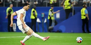 Spain midfielder Mikel Merino celebrates after scoring the winning goal against Portugal in the FIFA World Cup Round of 16.