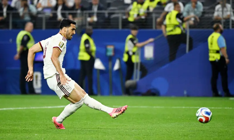 Spain midfielder Mikel Merino celebrates after scoring the winning goal against Portugal in the FIFA World Cup Round of 16.