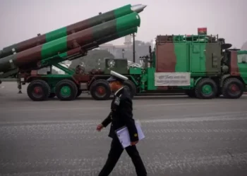 A BrahMos supersonic cruise missile displayed during a defence exhibition as India expands missile exports to Indonesia.