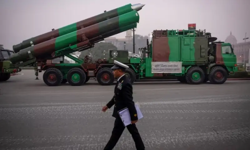 A BrahMos supersonic cruise missile displayed during a defence exhibition as India expands missile exports to Indonesia.