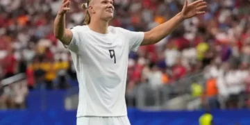 Erling Haaland celebrates after scoring the decisive goal in Norway's 2-1 FIFA World Cup 2026 victory over Ivory Coast.