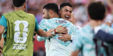 Portugal forward Gonçalo Ramos celebrates after scoring the decisive goal in a 2-1 FIFA World Cup 2026 victory over Croatia.