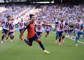 Spain's Ferran Torres celebrates his extra-time winner against Argentina in the 2026 FIFA World Cup final at MetLife Stadium.
