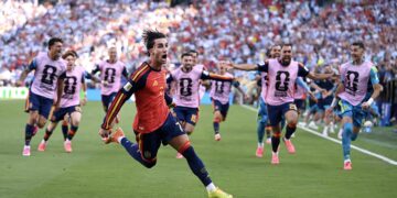 Spain's Ferran Torres celebrates his extra-time winner against Argentina in the 2026 FIFA World Cup final at MetLife Stadium.