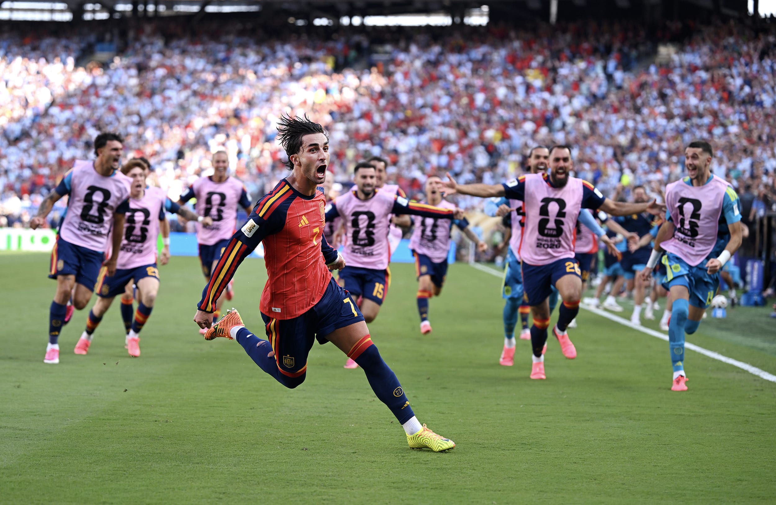 Spain's Ferran Torres celebrates his extra-time winner against Argentina in the 2026 FIFA World Cup final at MetLife Stadium.