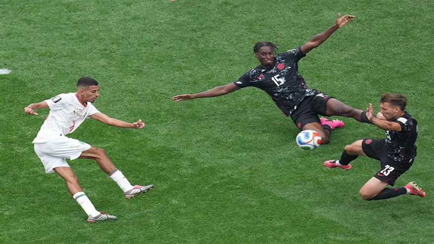 Morocco midfielder Azzedine Ounahi celebrates after scoring against Canada in the FIFA World Cup.