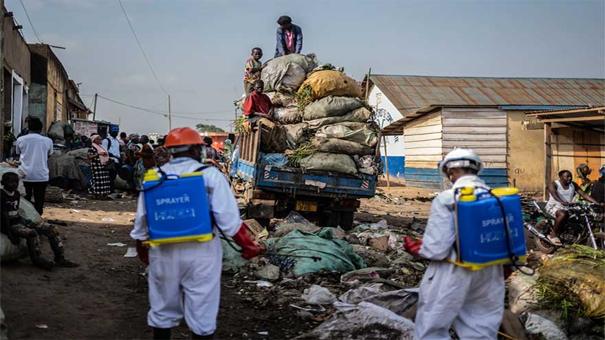 Medical staff wearing protective equipment at an Ebola treatment centre in Bunia during the Congo outbreak.