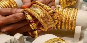 Gold jewellery displayed at a market as gold prices increase in Pakistan and the international bullion market.