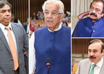 Senior federal ministers address the media while responding to Fazlur Rehman's comments about Pakistan's military martyrs.