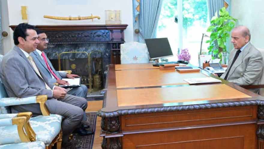 Prime Minister Shehbaz Sharif meeting officials to review national security and monsoon preparedness in Islamabad.