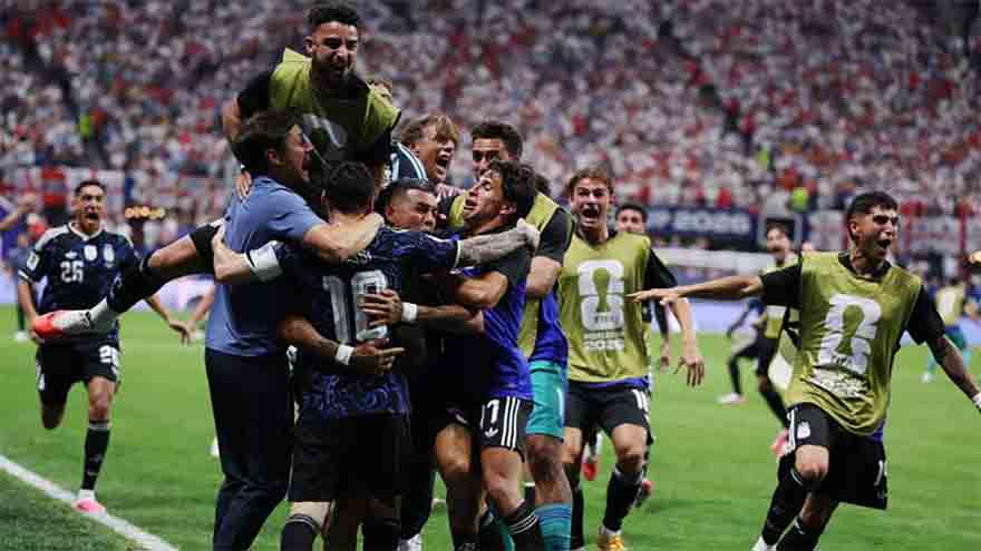 Argentina players celebrate victory over England after reaching the World Cup final with a dramatic 2-1 comeback.