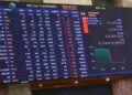 Electronic trading board at the Pakistan Stock Exchange showing gains in the KSE-100 Index during Thursday's session.