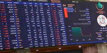 Electronic trading board at the Pakistan Stock Exchange showing gains in the KSE-100 Index during Thursday's session.