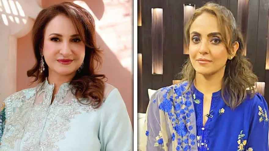 Pakistani actresses Nadia Khan and Saba Faisal amid an online debate over Sajal Aly's television drama scene.