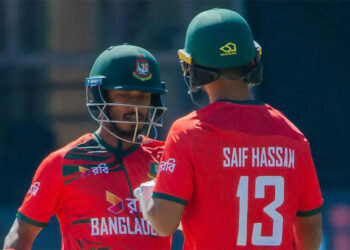 Bangladesh cricket team celebrates its 34-run victory over Zimbabwe in the second T20 International.
