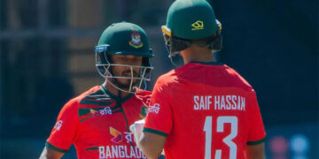 Bangladesh cricket team celebrates its 34-run victory over Zimbabwe in the second T20 International.