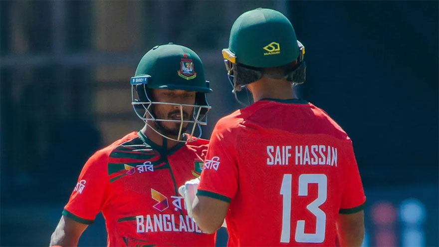 Bangladesh cricket team celebrates its 34-run victory over Zimbabwe in the second T20 International.