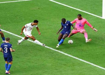 England players celebrate their 6-4 victory over France in the FIFA World Cup 2026 third-place playoff.