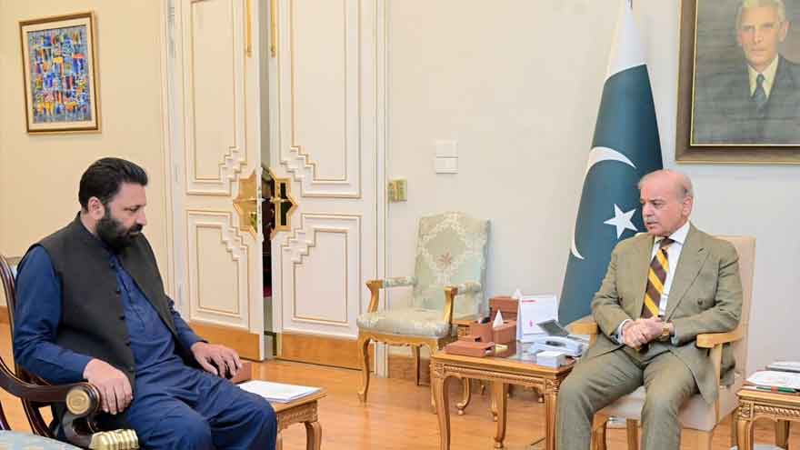Prime Minister Shehbaz Sharif holds a meeting with Gilgit-Baltistan Chief Minister Amjad Hussain in Islamabad.