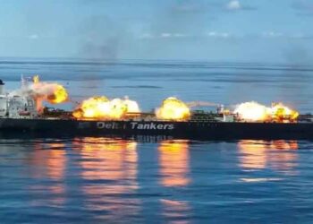 Oil tanker sailing through the Red Sea as regional conflict threatens global energy supply routes.