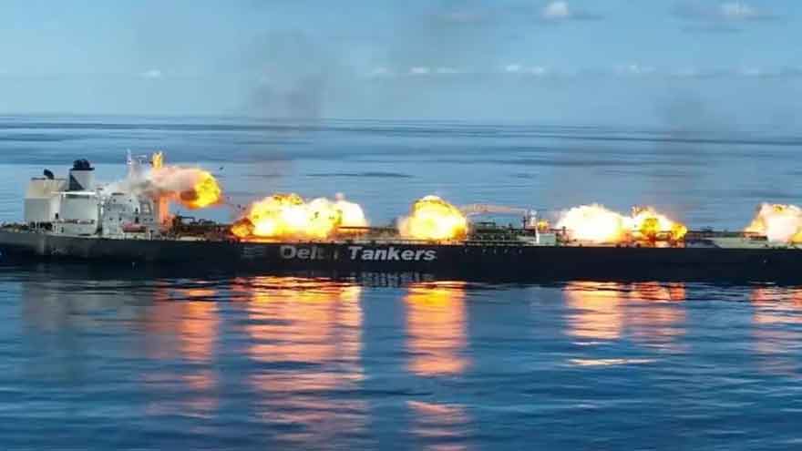 Oil tanker sailing through the Red Sea as regional conflict threatens global energy supply routes.