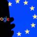 Google logo displayed outside a company office after the European Union announced new antitrust fines.