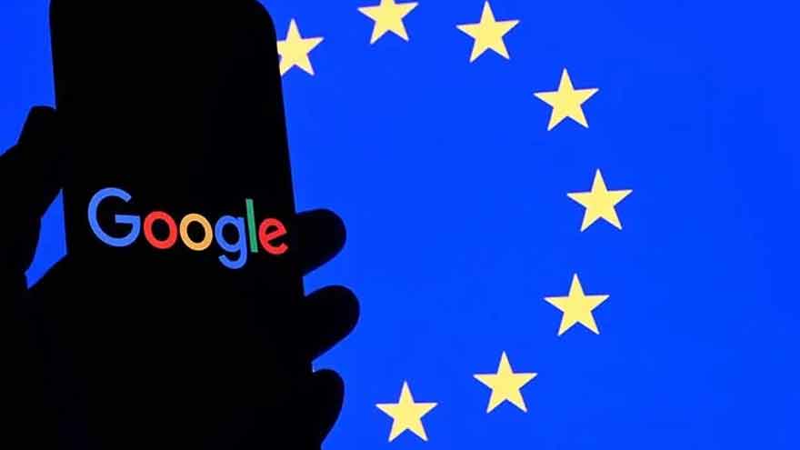 Google logo displayed outside a company office after the European Union announced new antitrust fines.