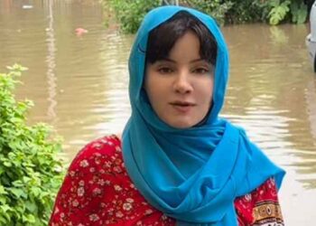 Rabi Pirzada records a video showing rainwater accumulation in Lahore's DHA.