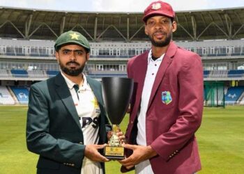 Babar Azam and Roston Chase unveil the Pakistan-West Indies Test series trophy in Trinidad.
